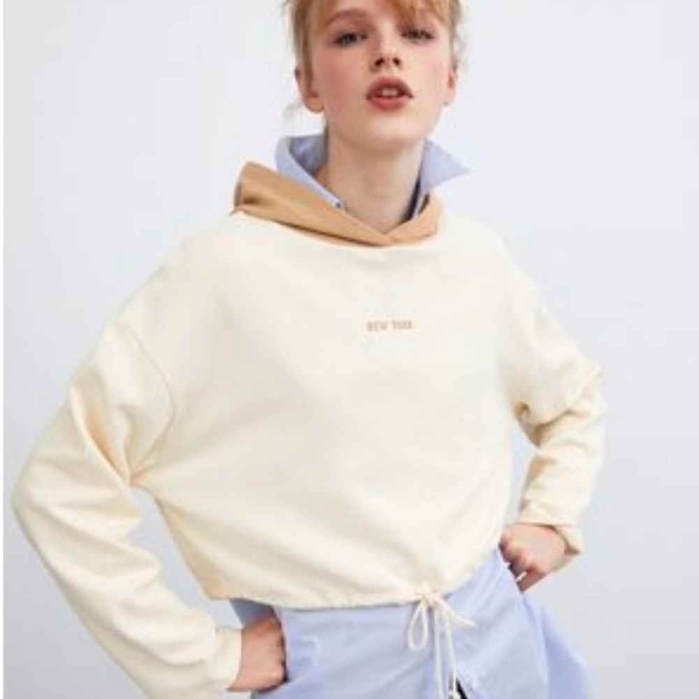 Zara -🤍🤍🤍Cropped Drawstring Sweatshirt Hoodie- Size Large - NWT